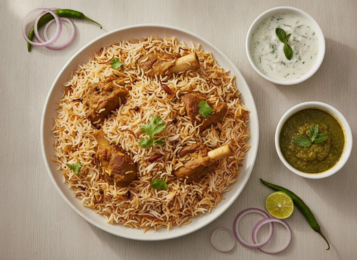 Mutton Biryani with Raita and Onions photo