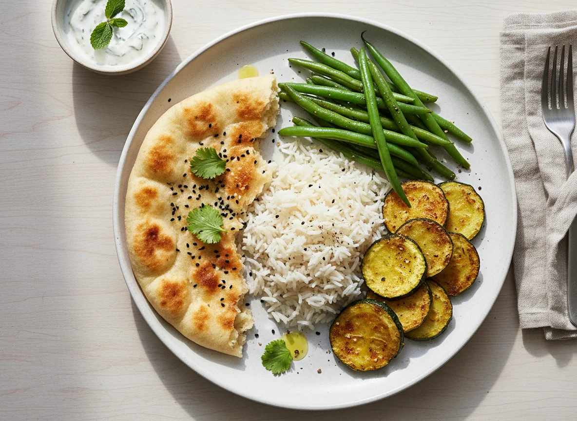Naan bread with rice, green beans and fried courgette photo