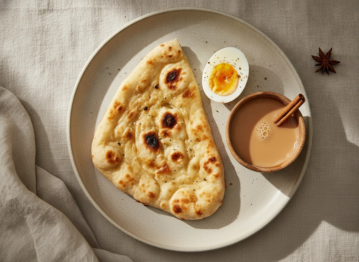 Naan with Boiled Egg and Milk Tea photo