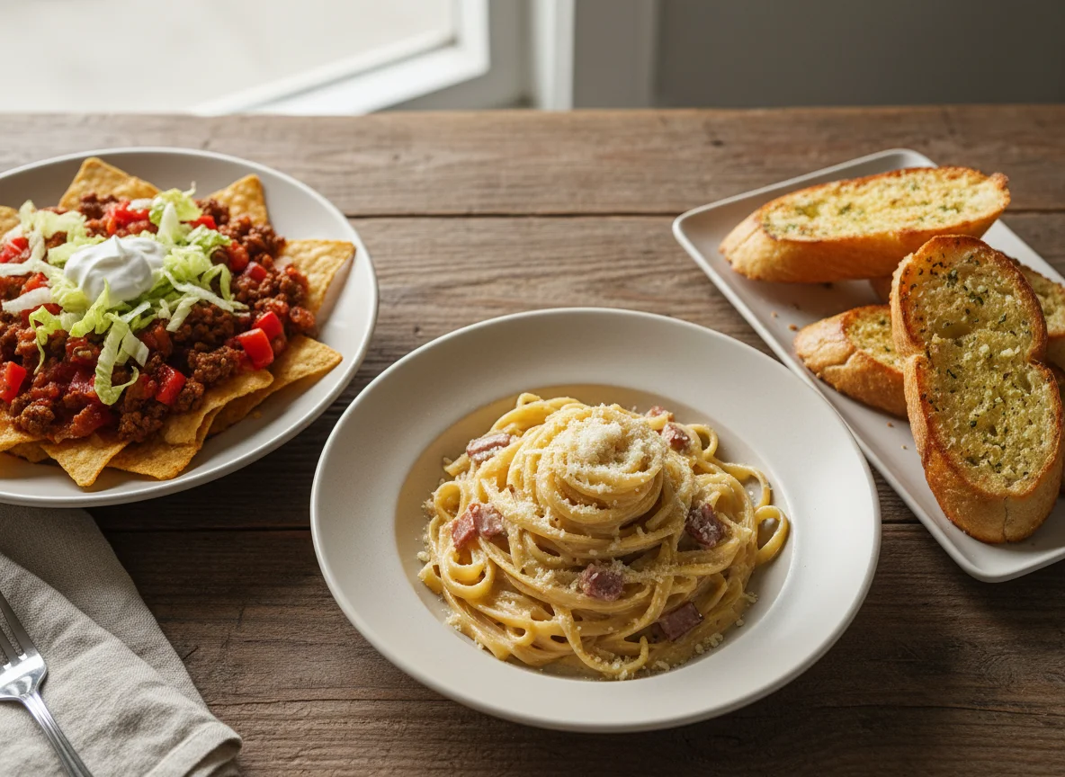 Nachos, Fettuccine Carbonara, and Garlic Bread photo