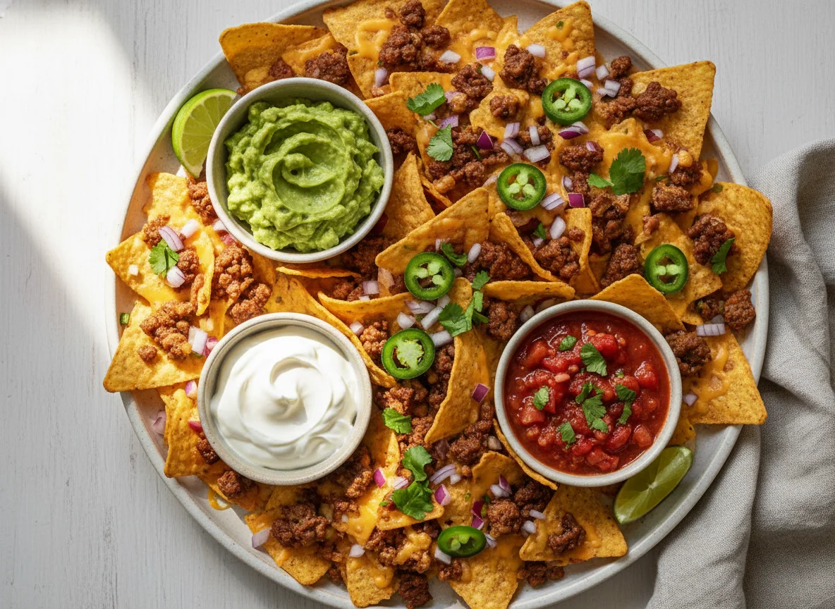 Nachos with Dips and Mince Meat photo