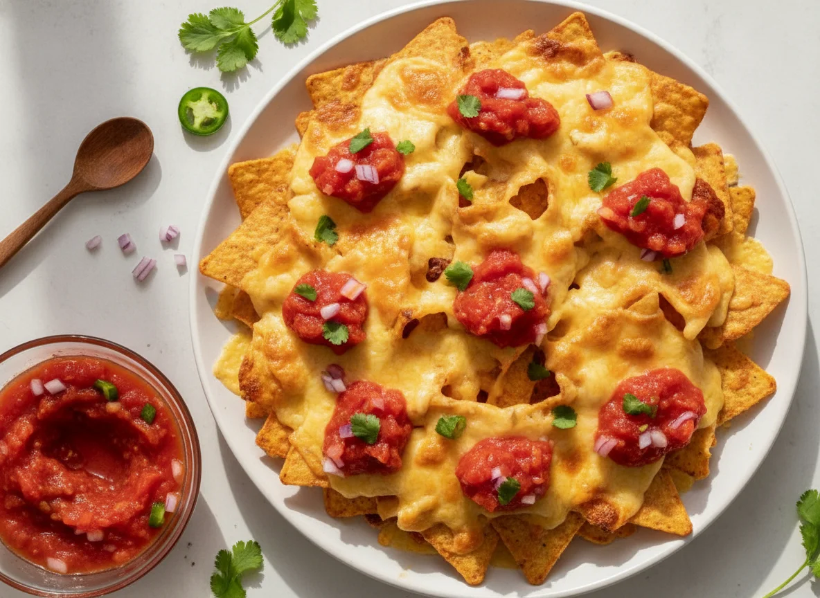 Nachos with melted cheese and salsa photo