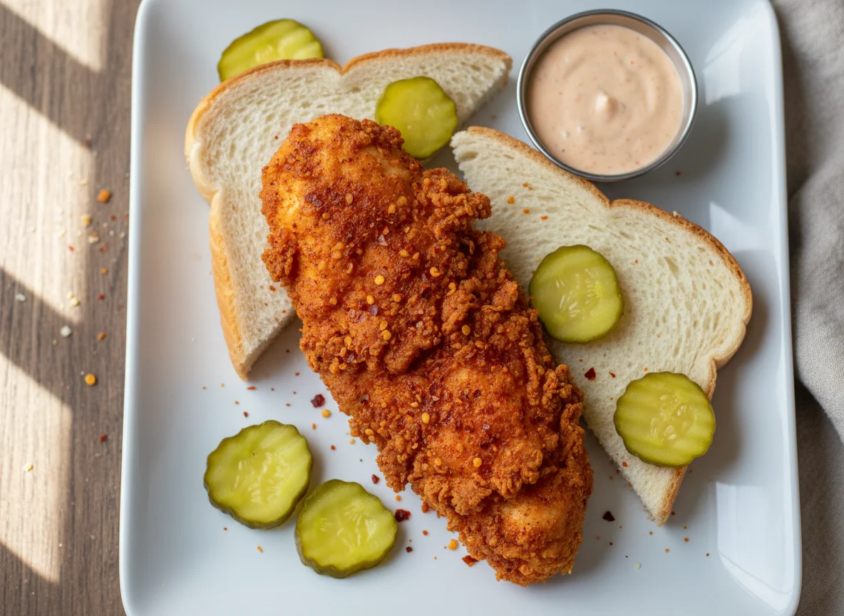 Nashville Hot Chicken Tender with Pickles and Bread photo