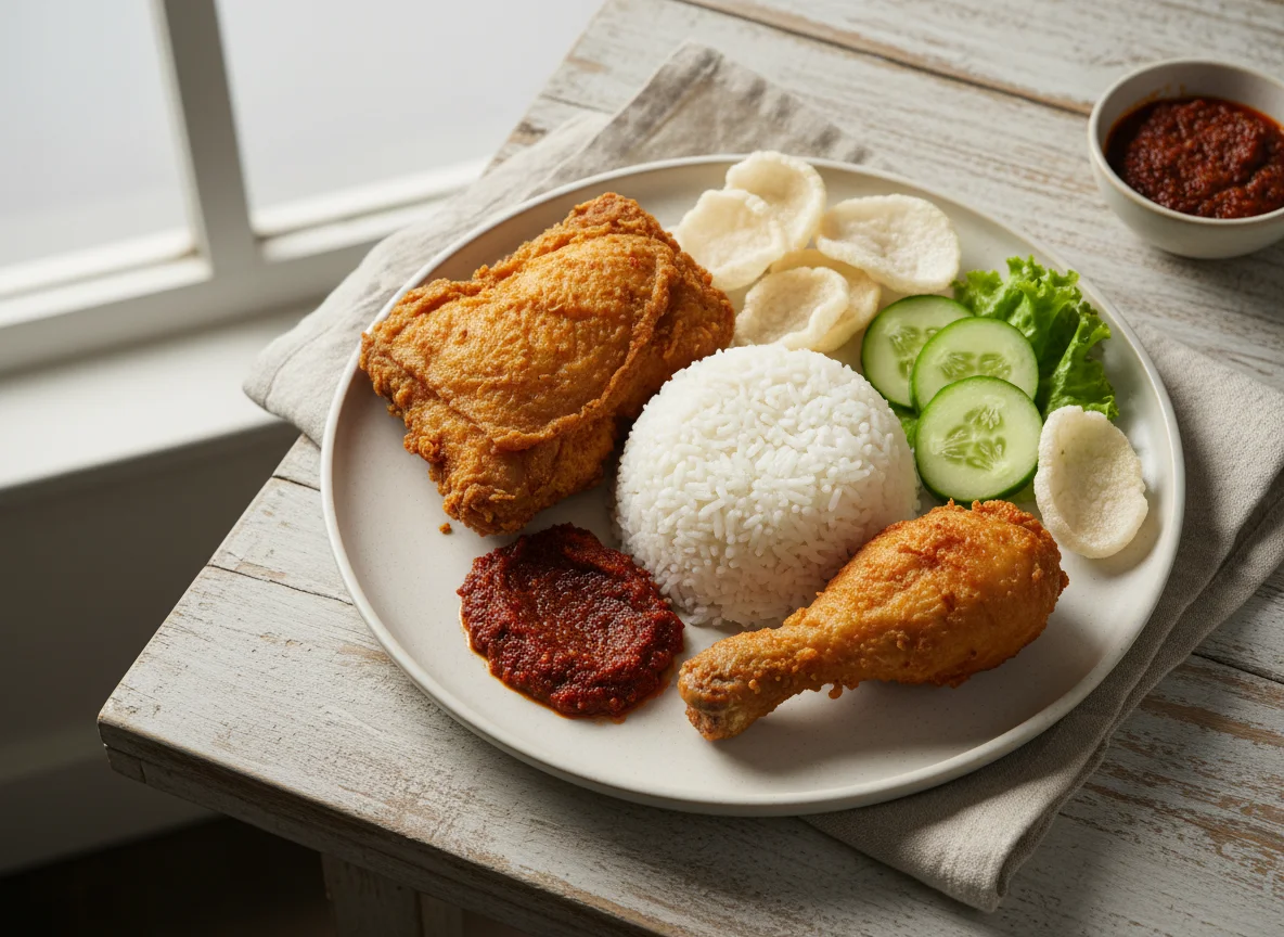 Nasi Ayam Goreng with Sambal and Keropok photo