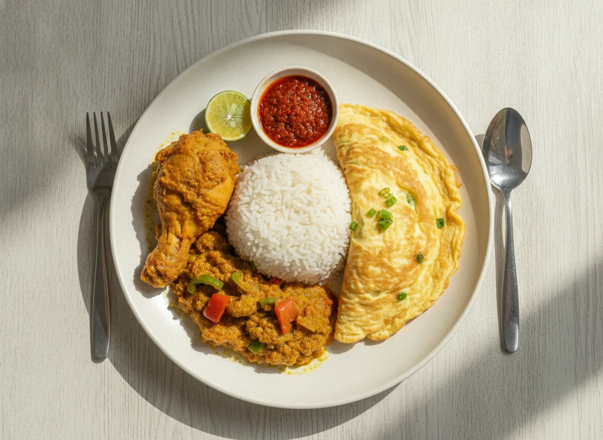 Nasi Ayam Kunyit with Omelette photo