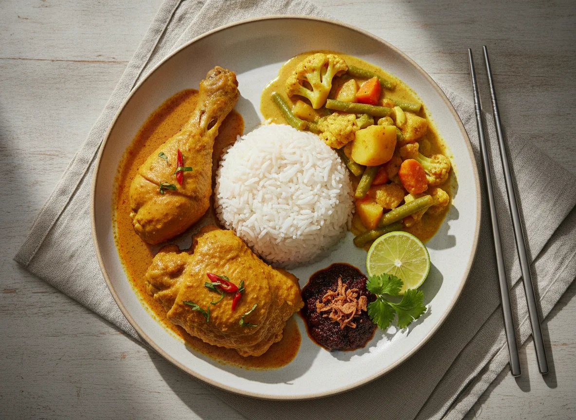 Nasi Campur with Chicken Curry and Vegetable Curry photo