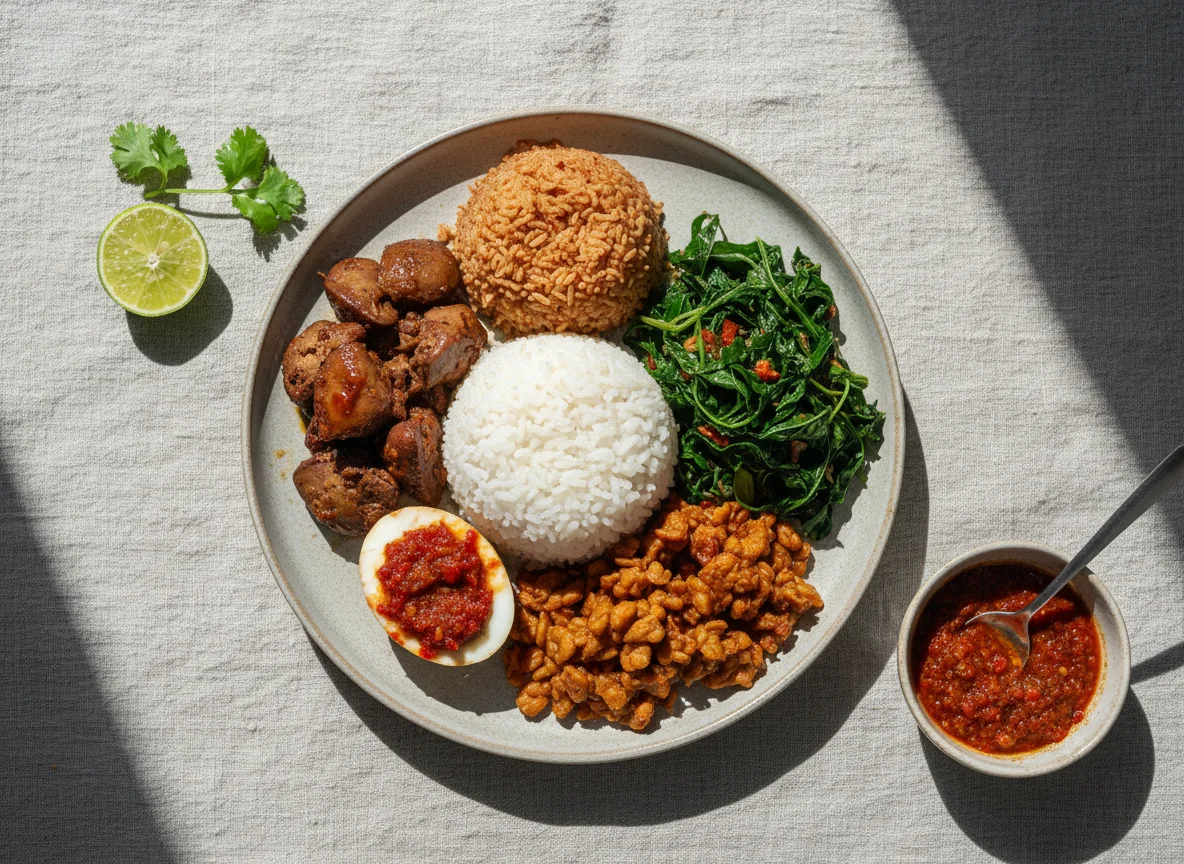 Nasi Campur with Chicken Liver and Vegetables photo