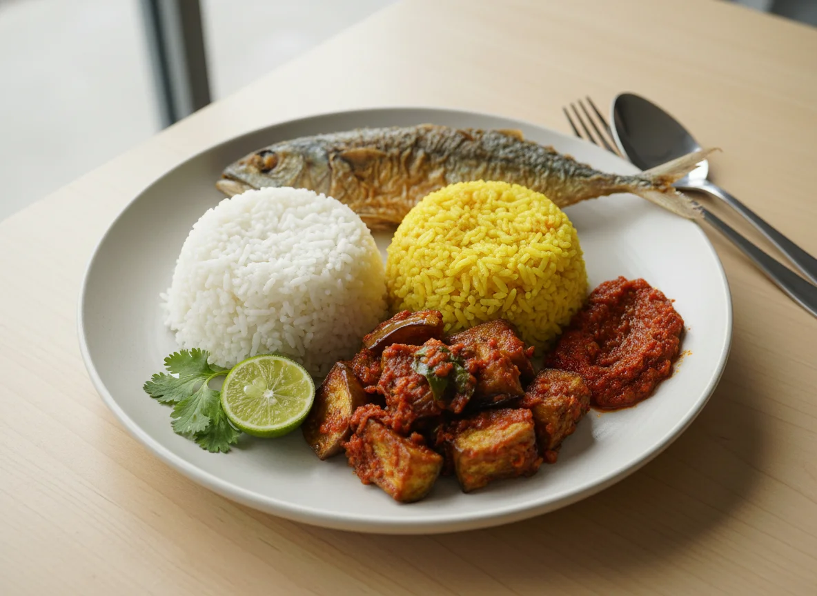 Nasi Campur with Fish and Eggplant Balado photo