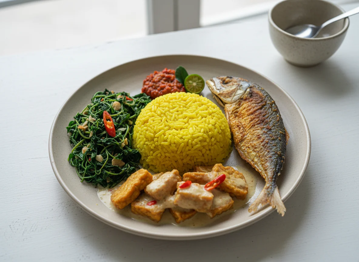 Nasi Campur with Fish and Vegetables photo