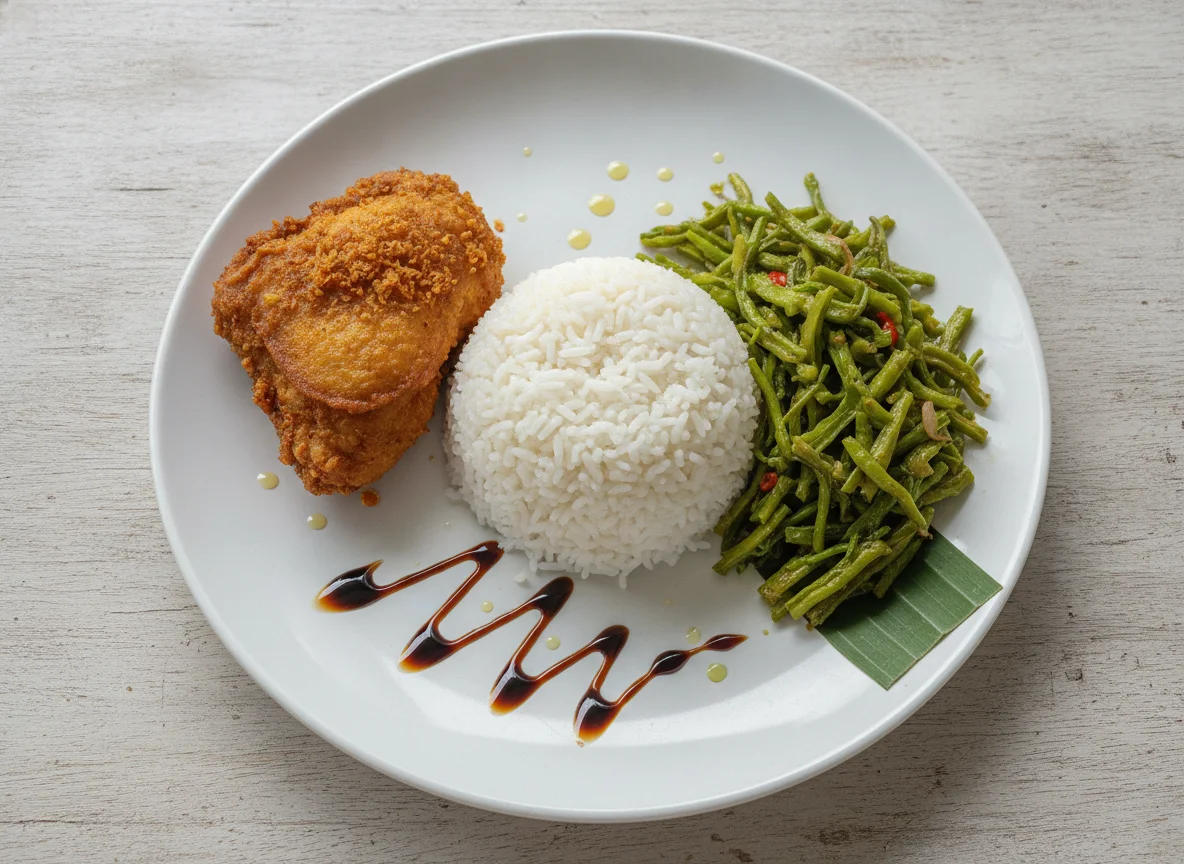 Nasi Campur with Fried Chicken and Winged Beans photo