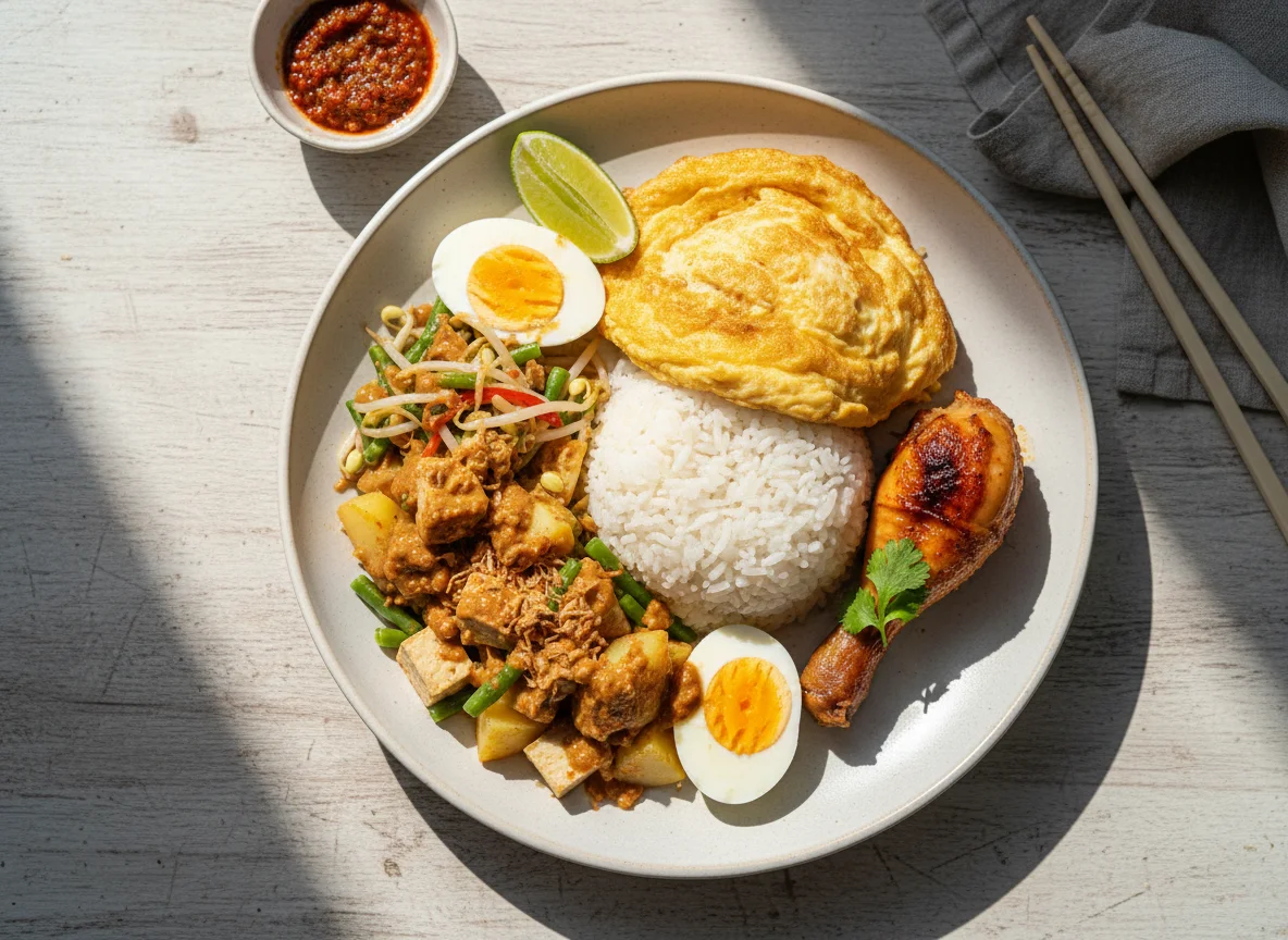 Nasi Campur with Fried Egg and Chicken photo