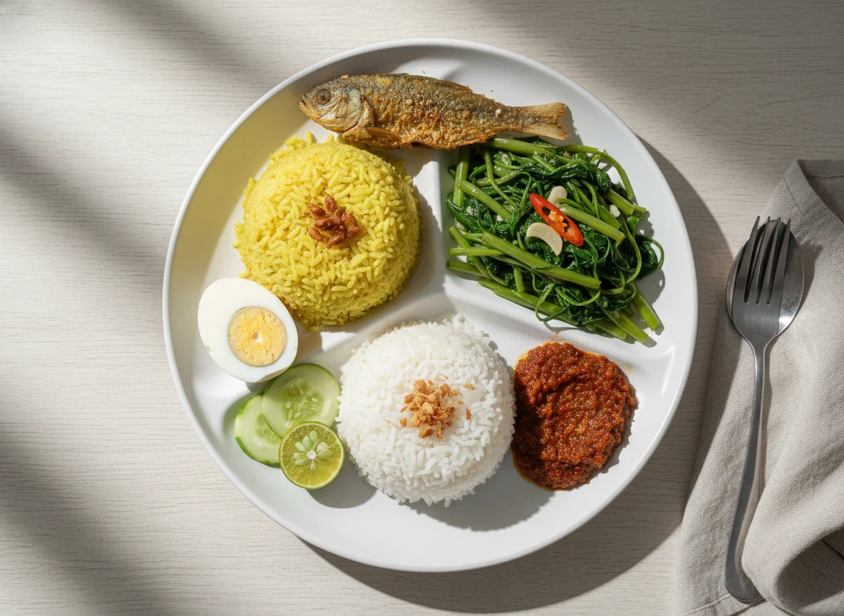 Nasi Campur with Fried Fish and Vegetables photo