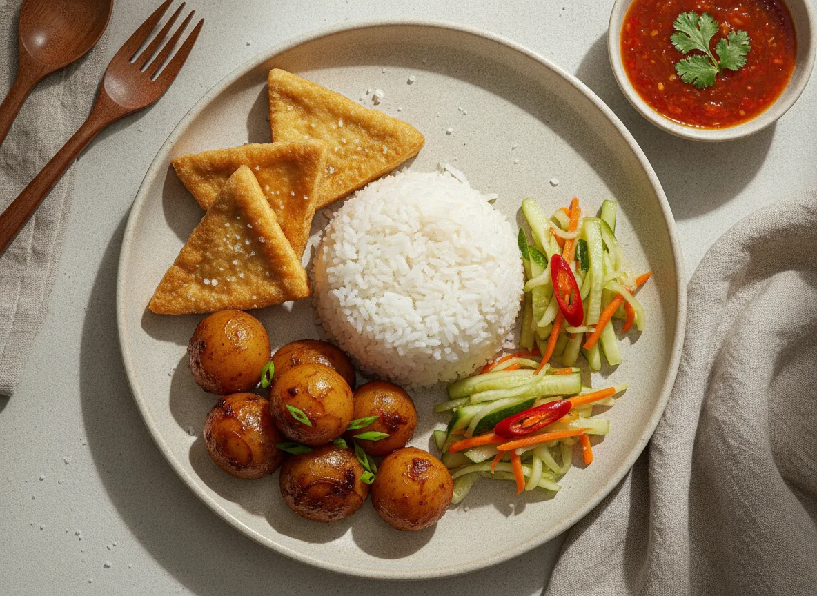 Nasi Campur with Fried Tofu, Potatoes, and Acar photo