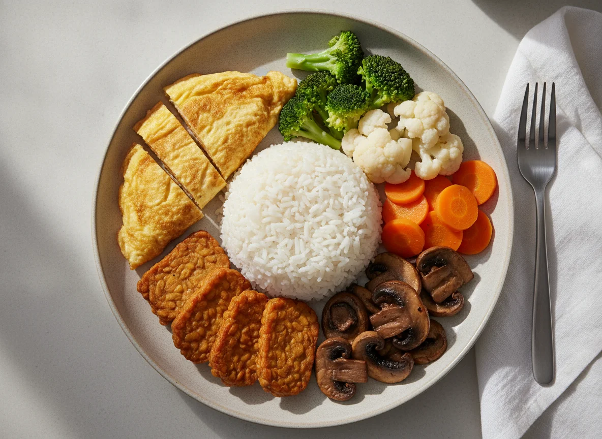Nasi Campur with Omelette and Tempeh photo