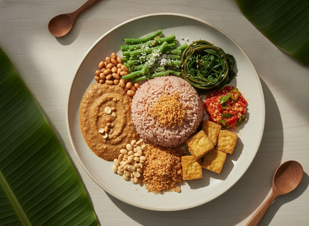 Nasi Campur with Red Rice and Peanut Sauce photo