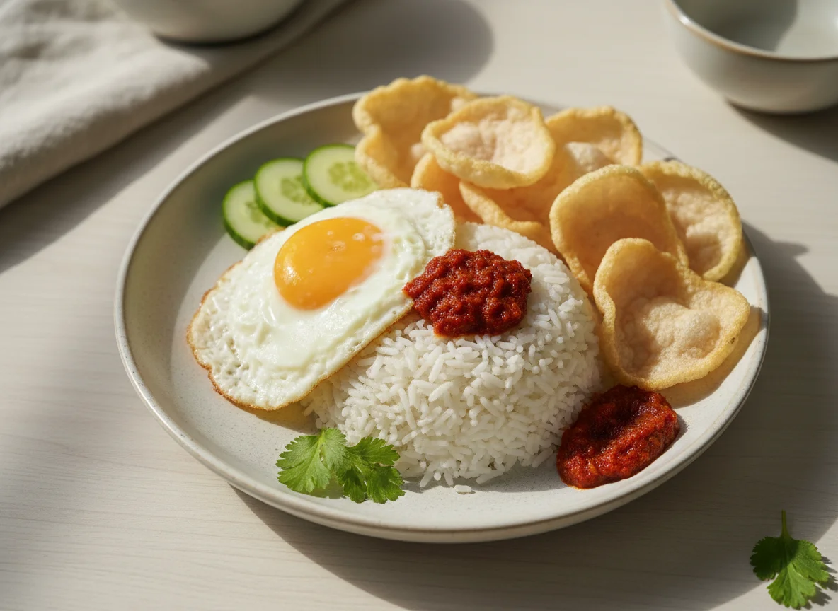 Nasi Campur with Sambal Egg and Kerupuk photo