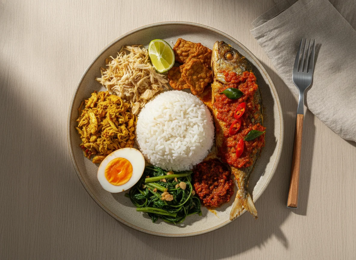Nasi Campur with Shredded Chicken and Fried Fish photo