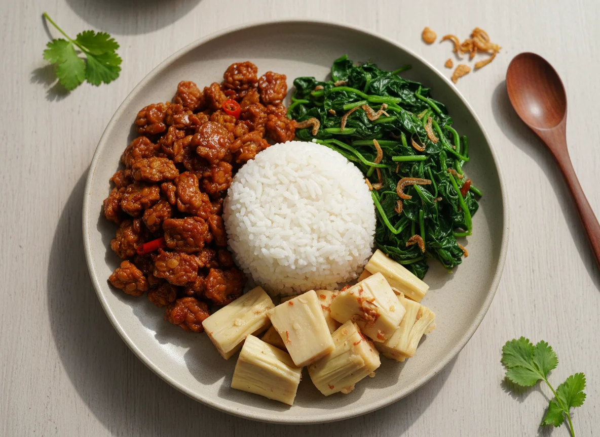 Nasi Campur with Tempeh Orek, Stir-fried Spinach with Anchovies, and Jackfruit photo