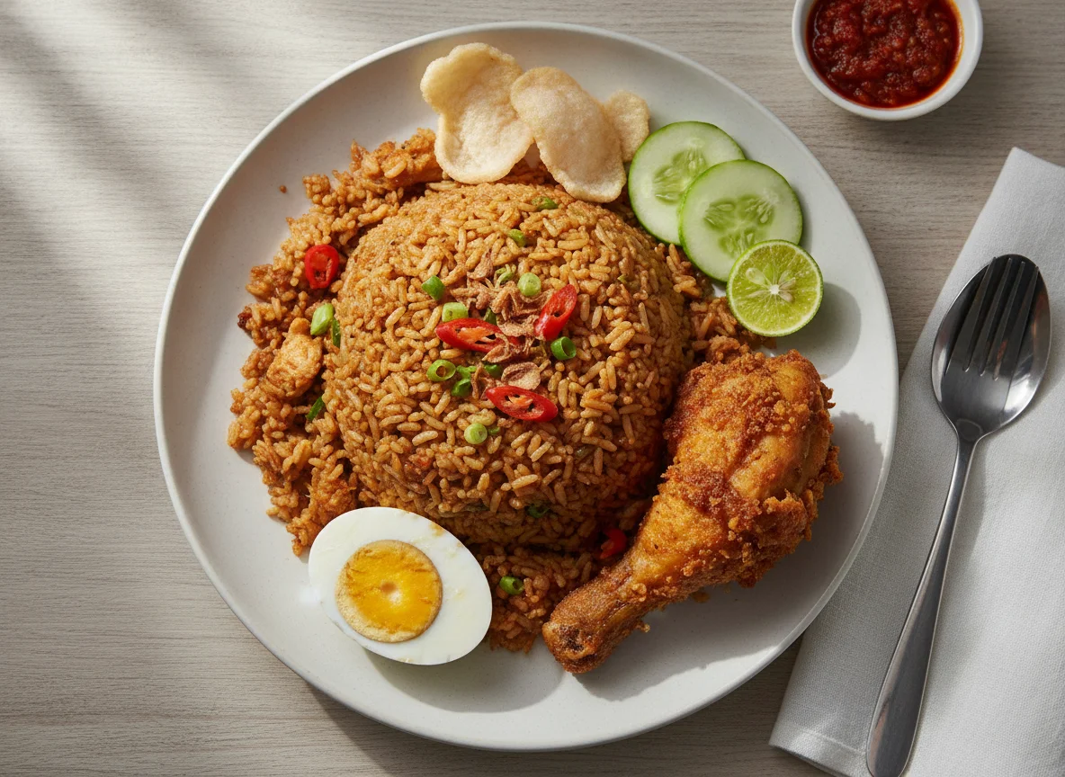 Nasi Goreng with Boiled Eggs and Fried Chicken photo