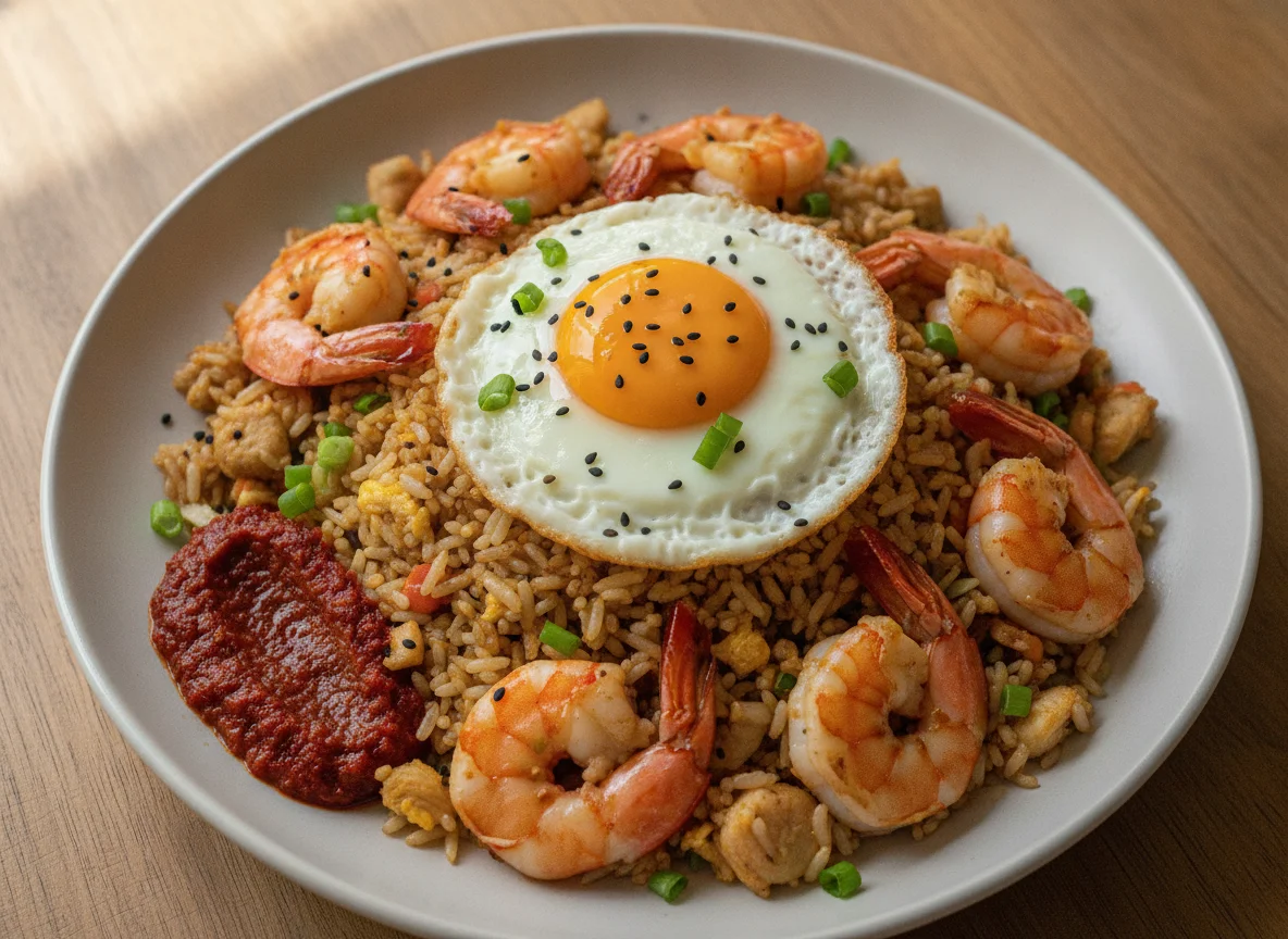 Nasi Goreng with Fried Egg and Prawns photo