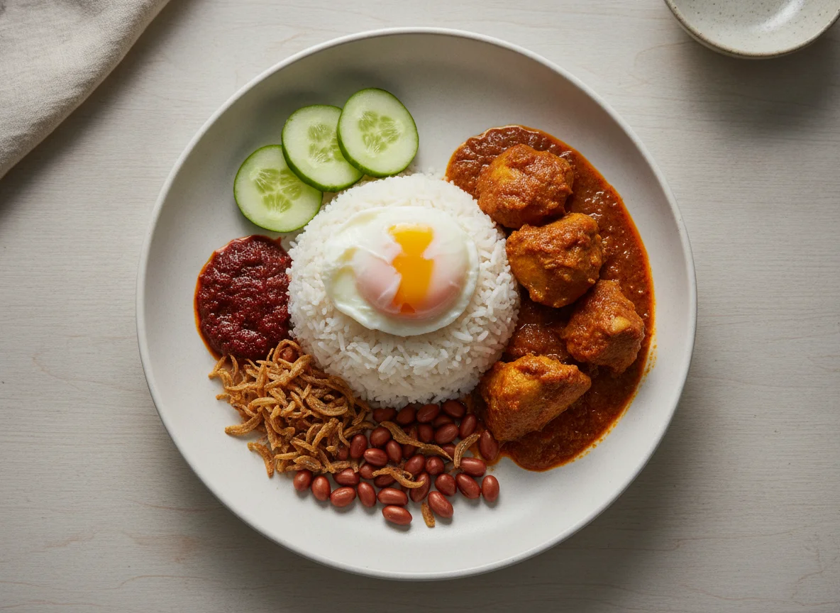 Nasi Lemak with Chicken Curry and Poached Egg photo