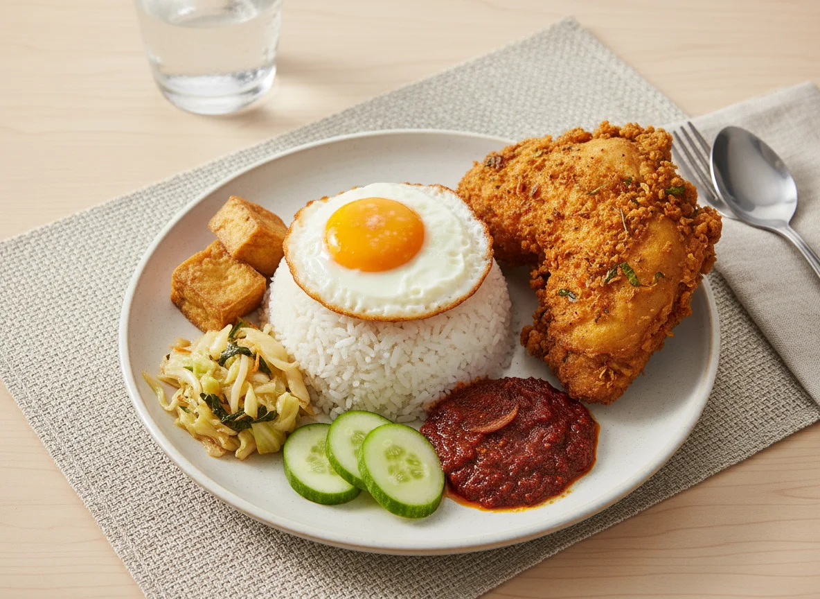 Nasi Lemak with Fried Chicken and Sides photo