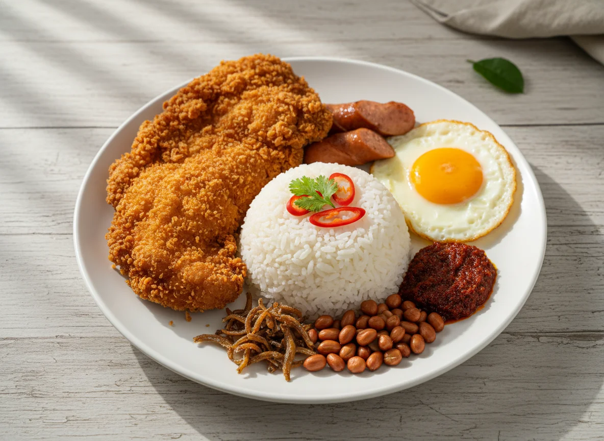 Nasi Lemak with Fried Chicken Cutlet and Sides photo