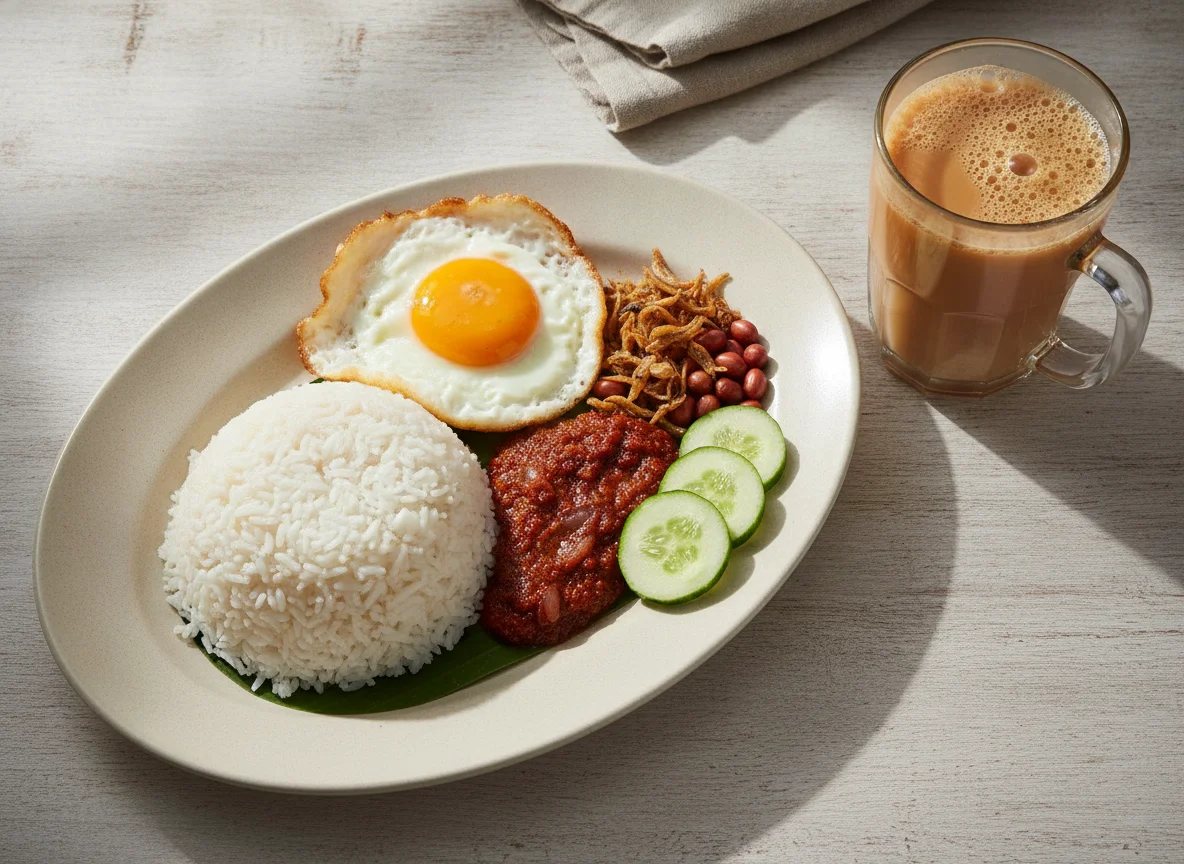 Nasi Lemak with Fried Egg and Teh Tarik photo