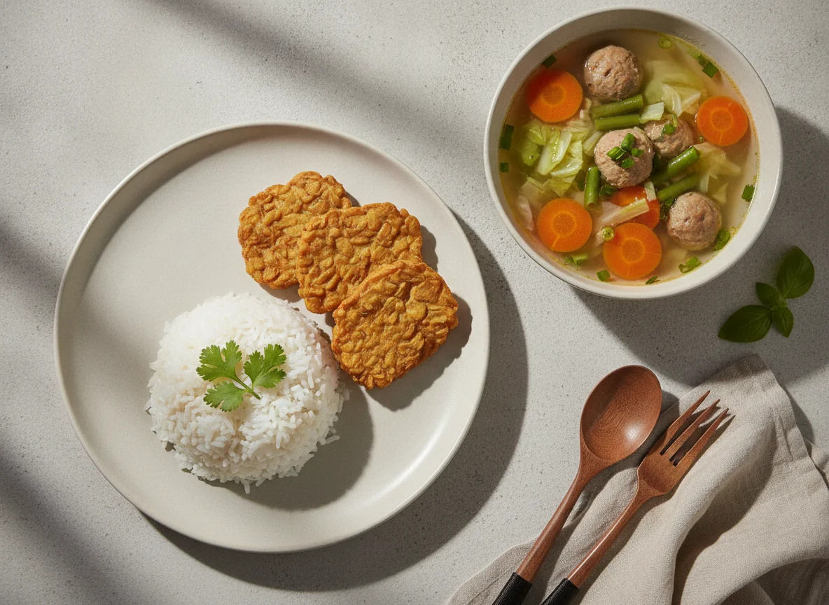 Nasi Sayur Sop dengan Tempe Goreng photo