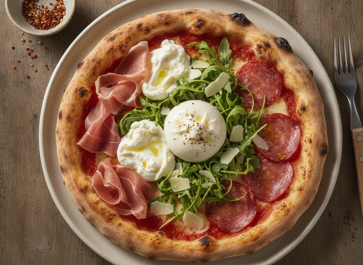 Neapolitan Pizza with Burrata, Prosciutto, and Spicy Salami photo