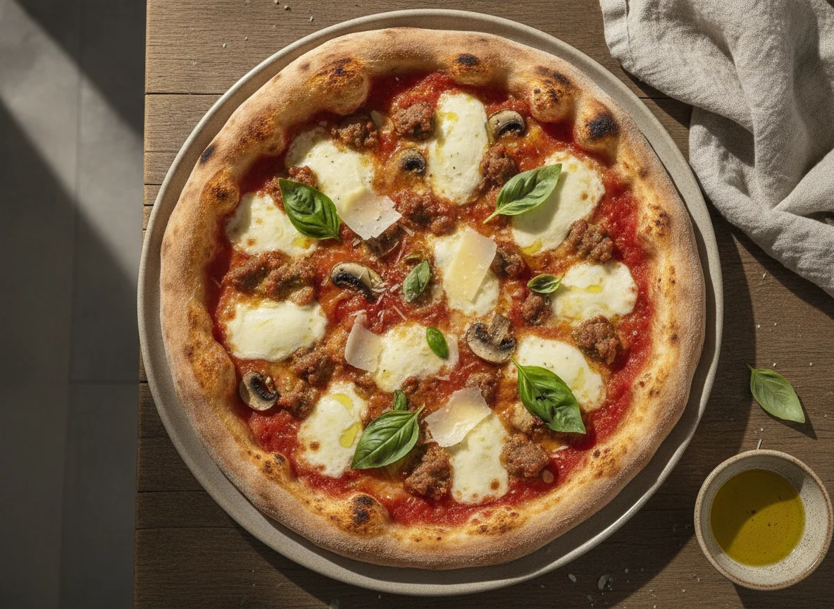 Neapolitan Pizza with Sausage, Mushrooms, and Basil photo