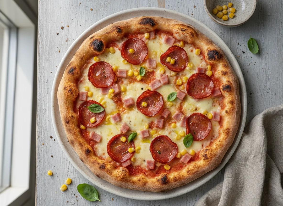 Neapolitan Style Pizza with Ham, Pepperoni, and Sweetcorn photo