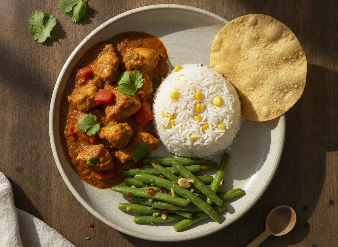 Nepali Chicken Curry with Rice and Papad photo
