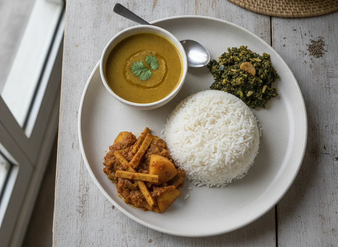 Nepali Dal Bhat with Saag and Tarkari photo