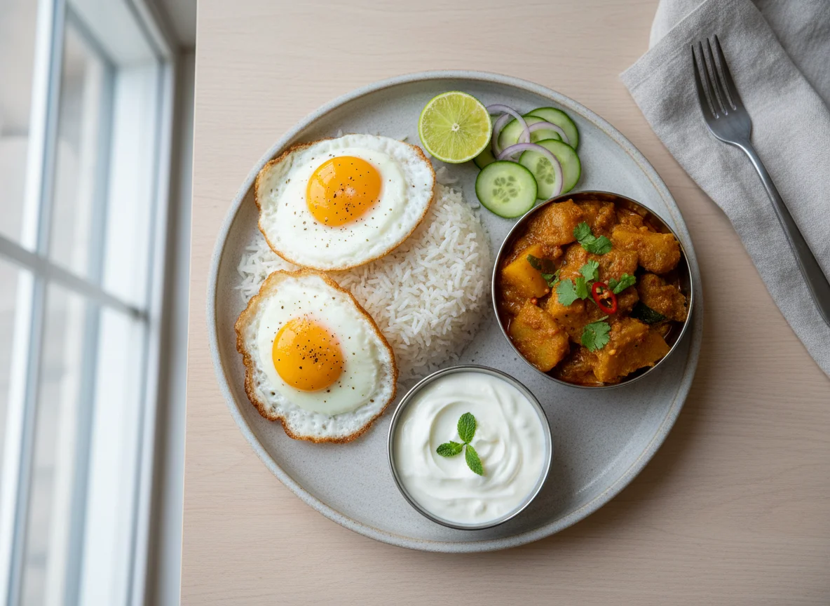 Nepali Meal with Rice, Fried Eggs, Vegetable Curry, and Yogurt photo