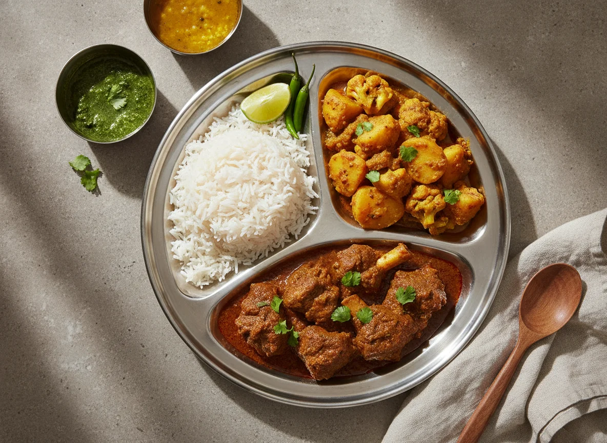 Nepali Rice Plate with Cauliflower Curry and Meat Curry photo