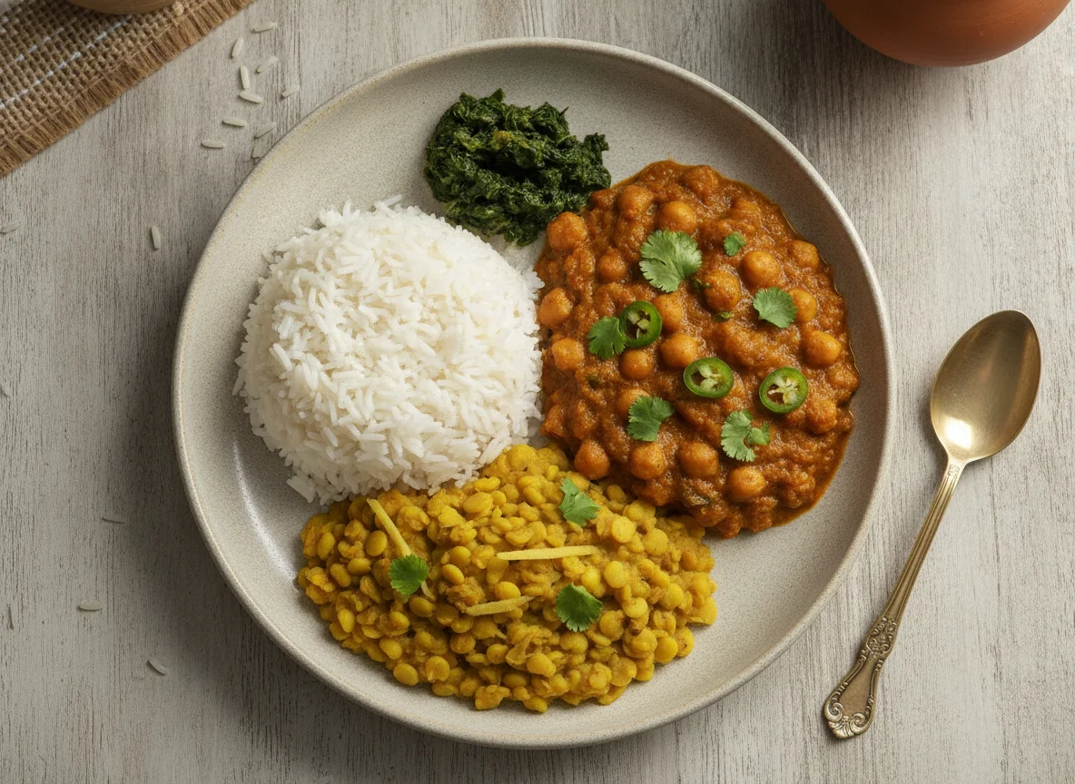 Nepali Rice Plate with Chickpeas and Lentils photo