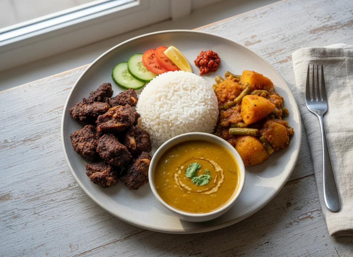 Nepali Rice Plate with Meat and Vegetables photo