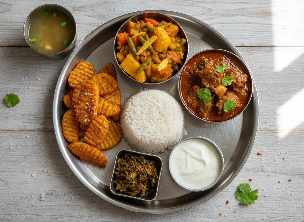 Nepali Thali with Rice, Potato Wedges, Meat Curry, and Mixed Vegetables photo