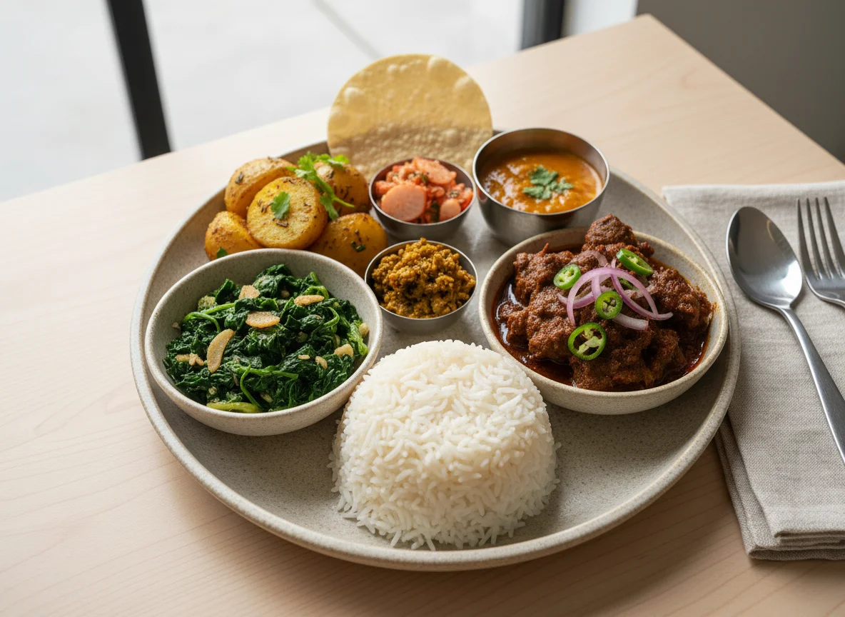 Nepali Thali with Rice, Saag, Potato, and Meat photo