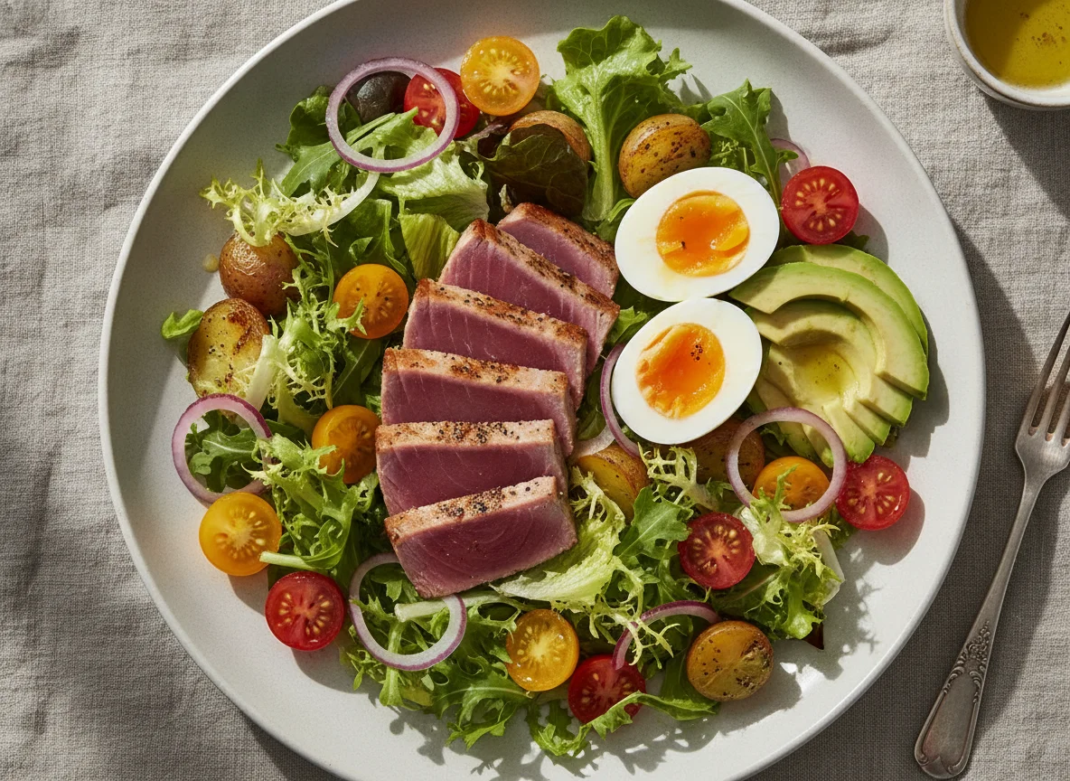 Nicoise-style salad with seared tuna and avocado photo