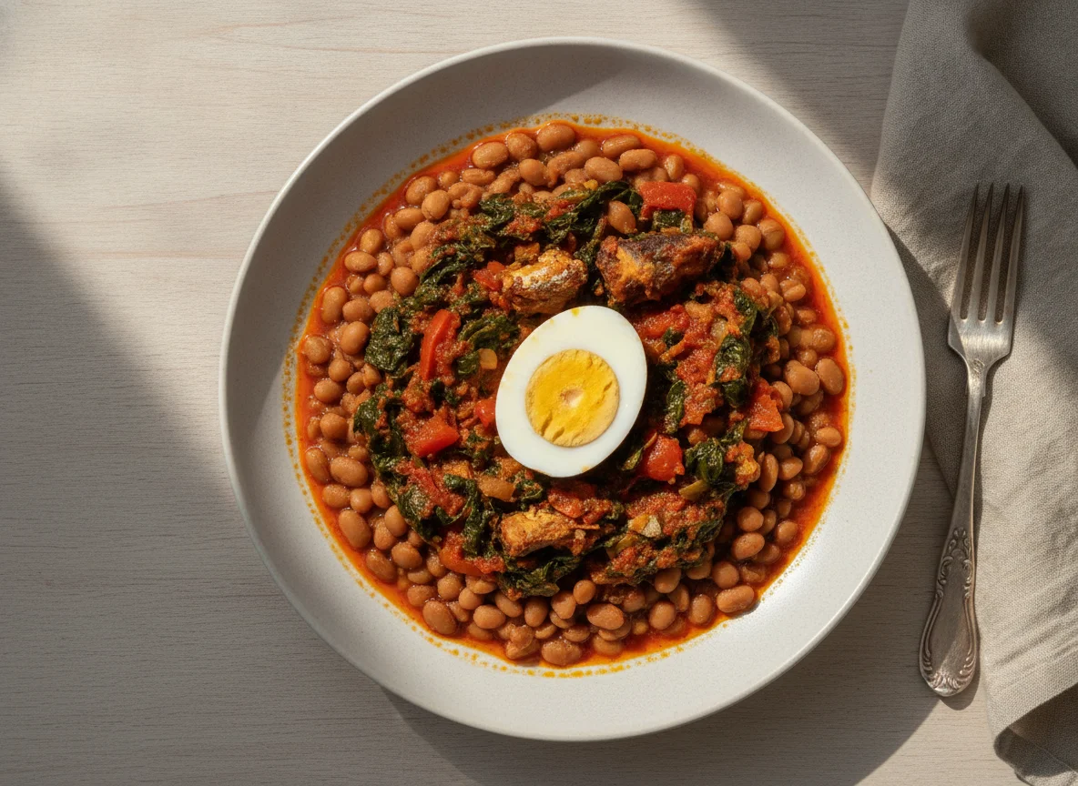 Nigerian Beans and Vegetable Stew with Boiled Egg photo