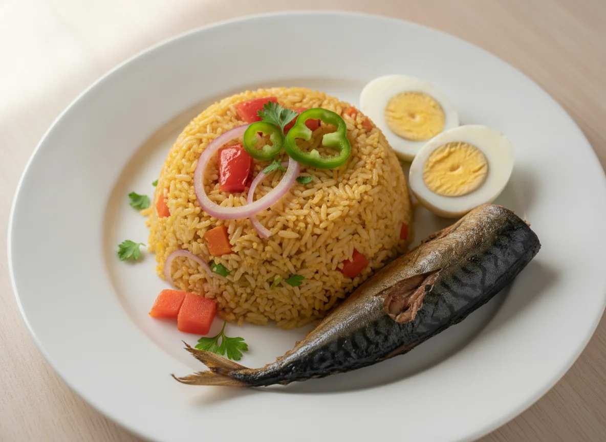 Nigerian Fried Rice with Boiled Egg and Fish photo