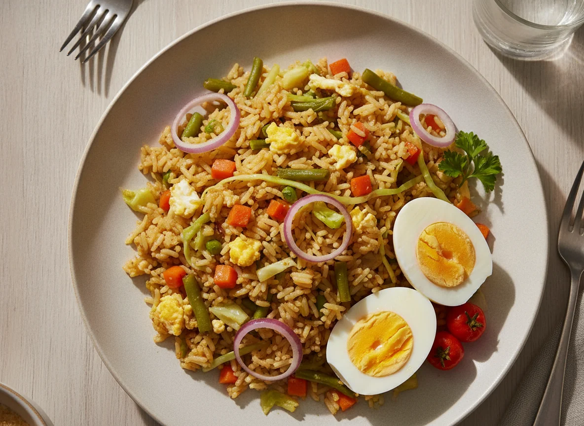 Nigerian Fried Rice with Boiled Egg photo