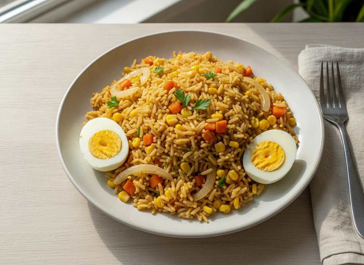 Nigerian Fried Rice with Boiled Eggs photo