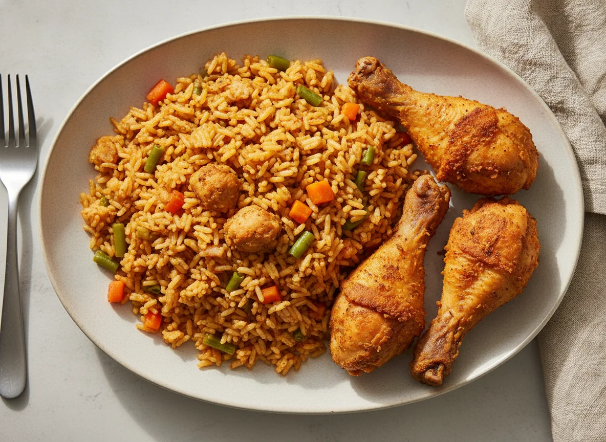 Nigerian Fried Rice with Fried Chicken photo