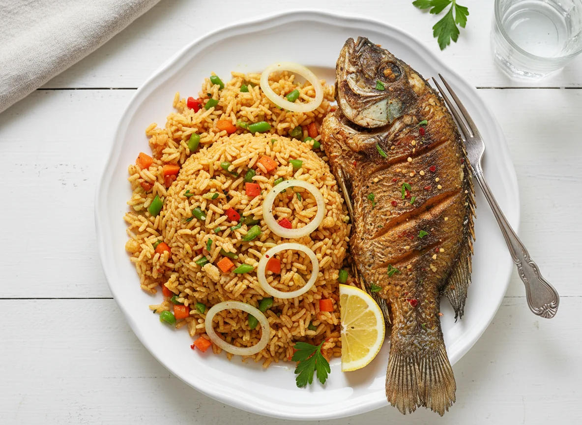 Nigerian Fried Rice with Fried Fish photo