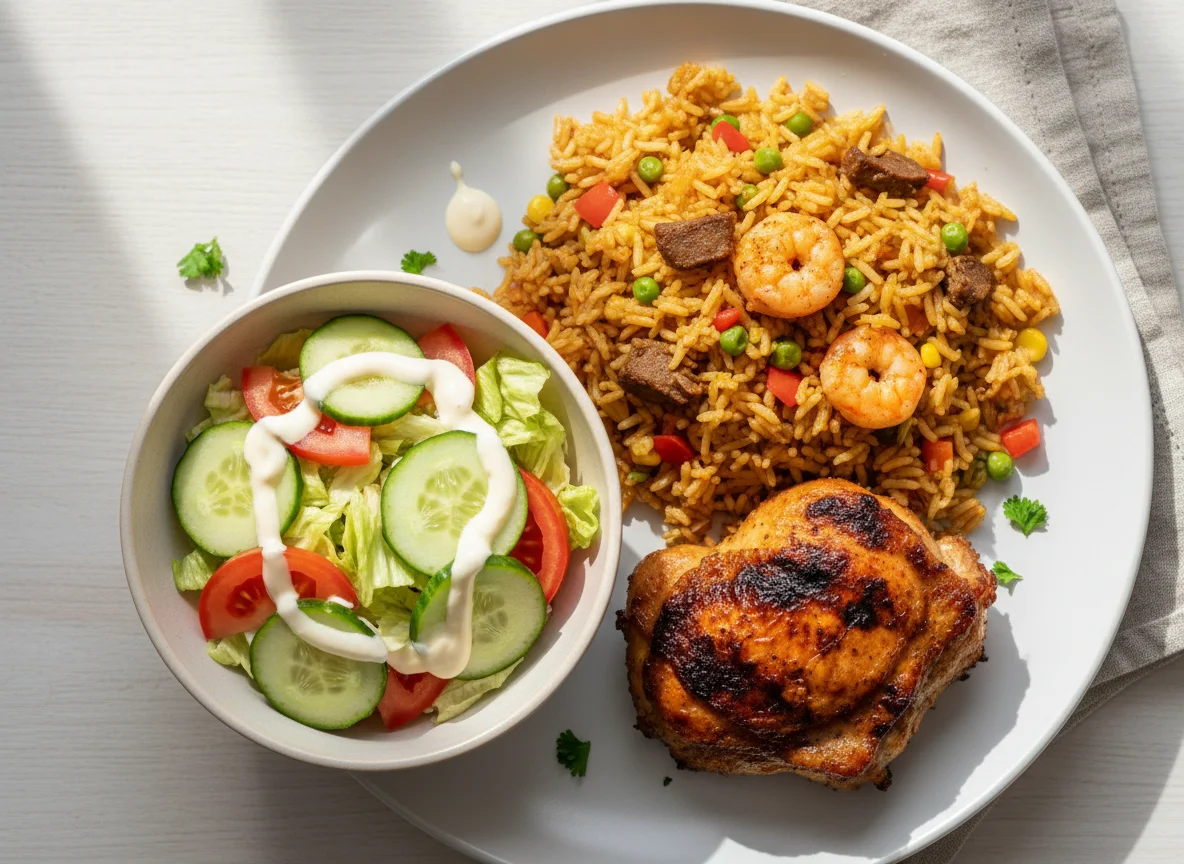 Nigerian Fried Rice with Grilled Chicken and Creamy Salad photo