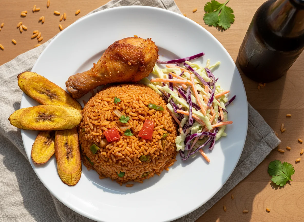 Nigerian Jollof Rice with Chicken, Plantain, and Coleslaw photo