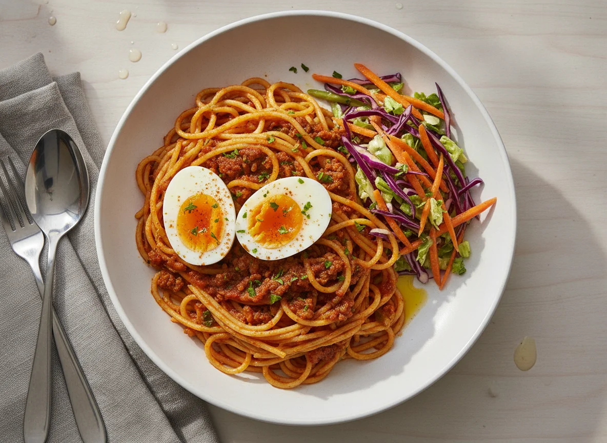 Nigerian Jollof Spaghetti with Boiled Eggs and Salad photo